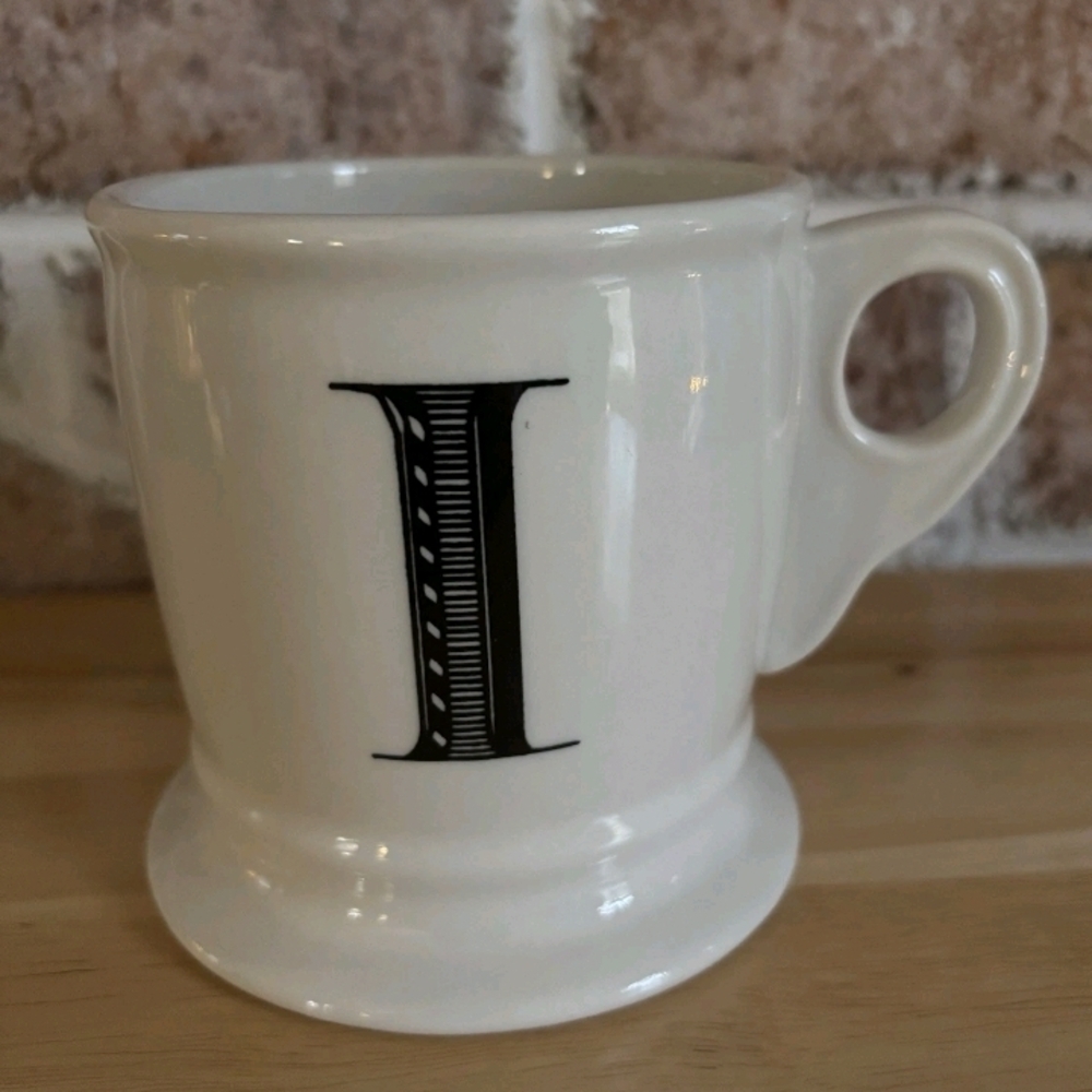 Anthropologie ~ Monogram Coffee Mug Initial "I" White & Black  Shaving-Style Cup